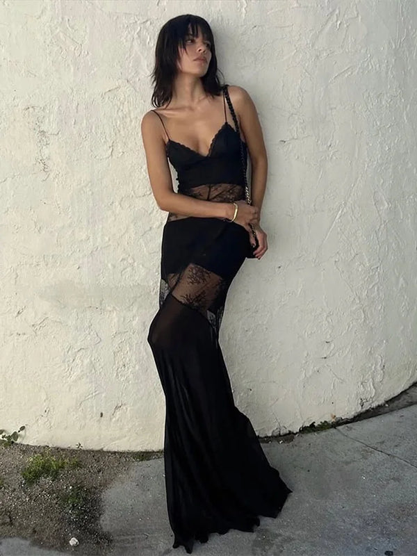 Sexy Lace V-neck Sling Long Dress Women Maxi Dresses Chic Party